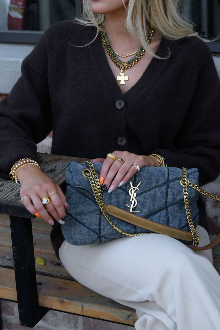 The green agate quartz Matcha necklace, finished with a gold carabiner clasp