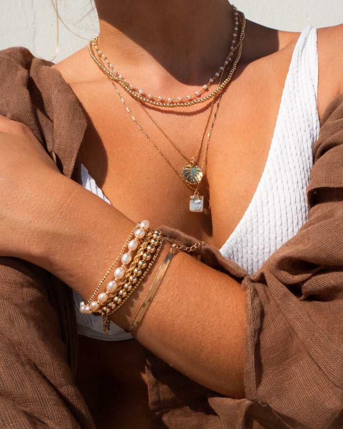 Maui pearl necklace worn with everyday gold-filled jewelry by Beads by Tara