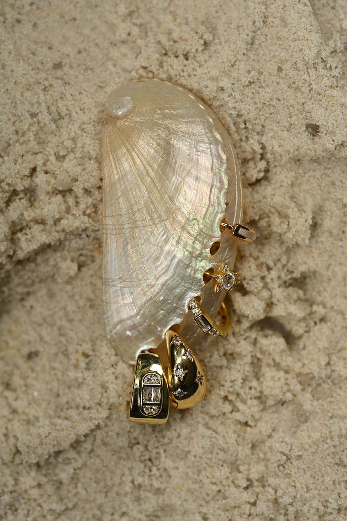 Gold earrings with diamonds on a shell against a textured beige background
