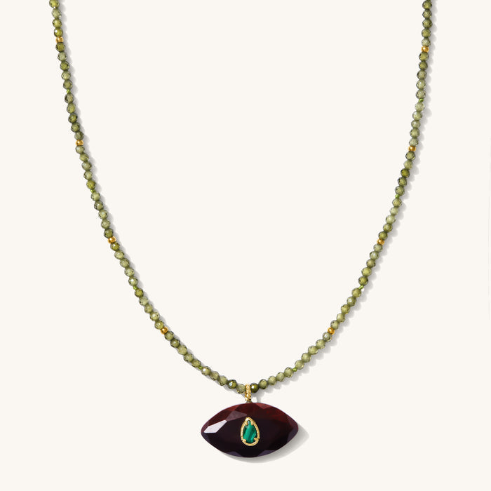 Milos necklace of olive tourmaline crystals with carnelian and malachite accents