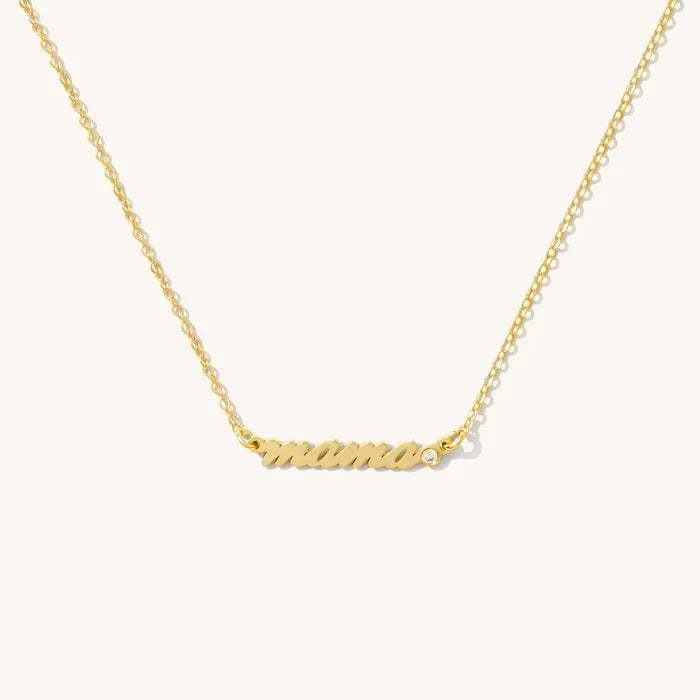 Mini diamond mama name plate necklace in 14k gold fill with a white topaz