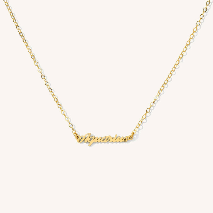 Close up of the gold mini zodiac necklace on a white background