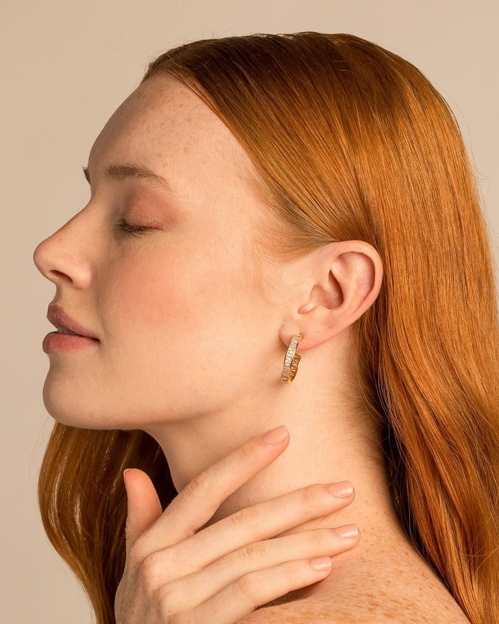 Bryan Anthonys Radiance Collection Baguette Midi Hoop Earrings On Model