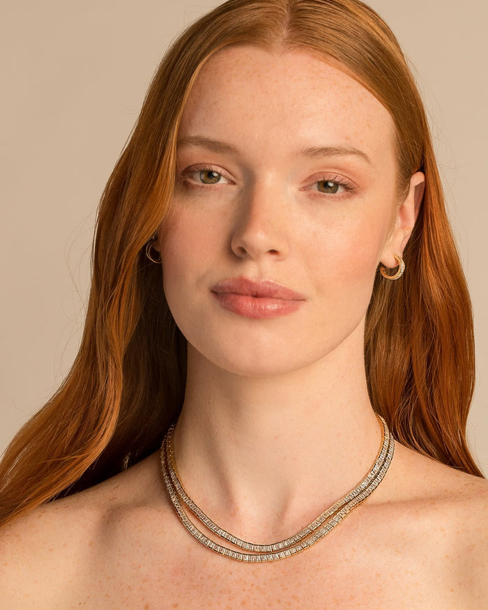 Bryan Anthonys Radiance Collection Baguette Tennis Necklace On Model Gold