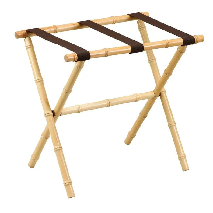 Natural Bamboo Inspired Wood Luggage Rack with 3 Brown Nylon Straps - End of Bed - The Well Appointed House