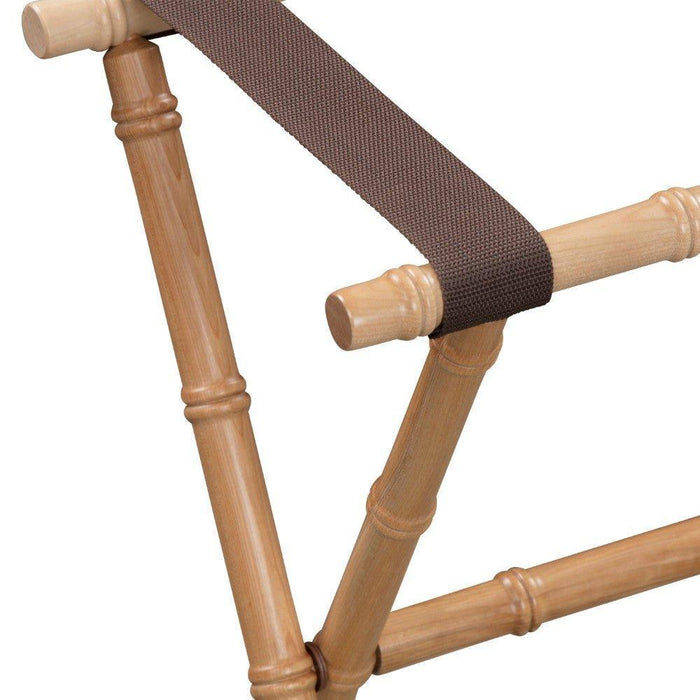Natural Bamboo Inspired Wood Luggage Rack with 3 Brown Nylon Straps - End of Bed - The Well Appointed House