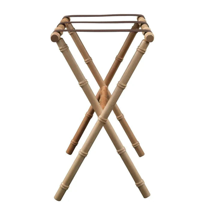 Natural Bamboo Inspired Wood Luggage Rack with 3 Brown Nylon Straps - End of Bed - The Well Appointed House
