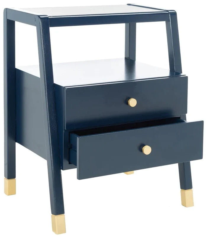 Navy Blue Two Drawer One Shelf Side Table With Gold Accents - Side & Accent Tables - The Well Appointed House