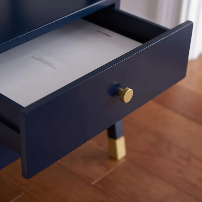 Navy Blue Two Drawer One Shelf Side Table With Gold Accents - Side & Accent Tables - The Well Appointed House