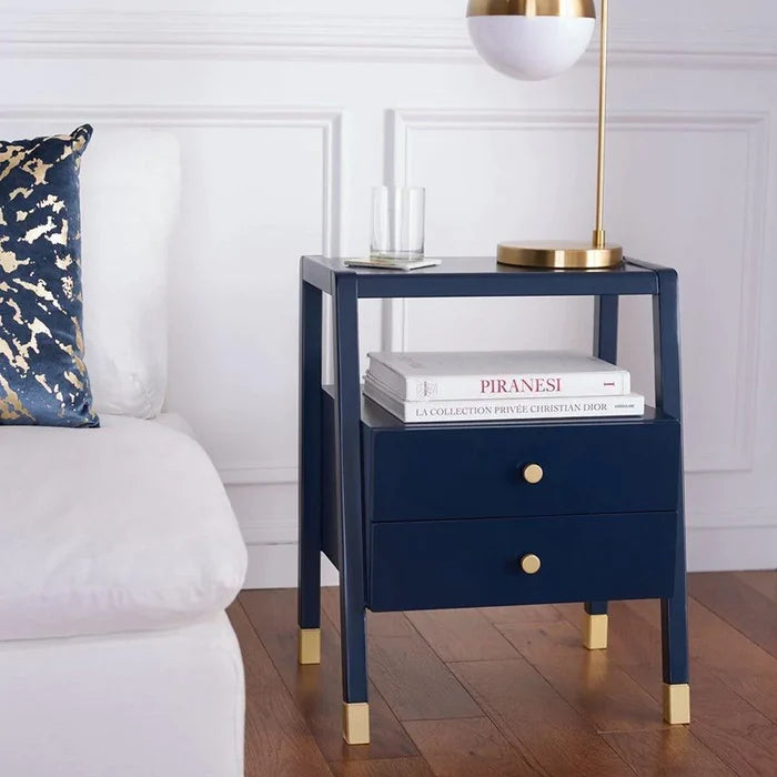 Navy Blue Two Drawer One Shelf Side Table With Gold Accents - Side & Accent Tables - The Well Appointed House