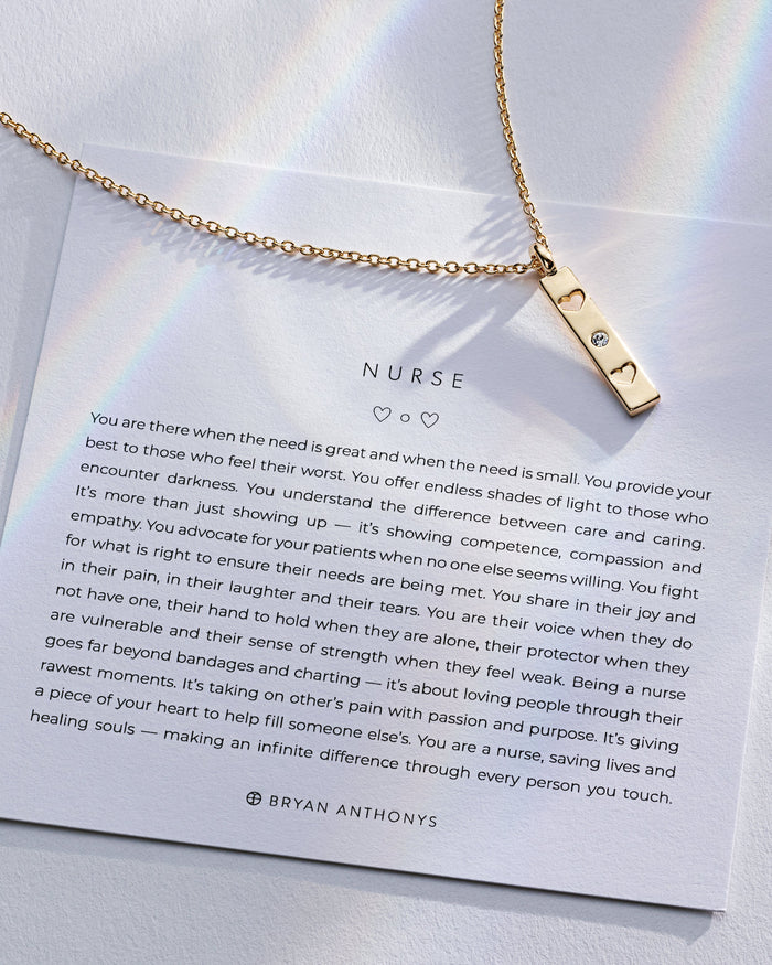 Nurse Necklace showcase in 14k gold on card