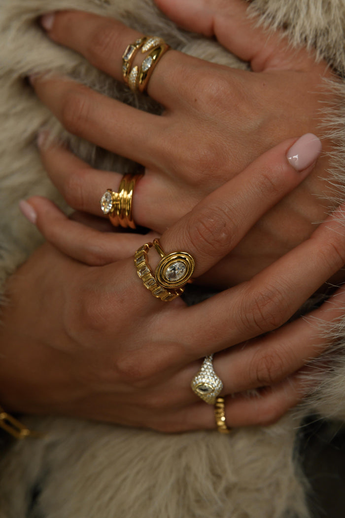 Gold Odette ring designed for stacking or wearing on its own
