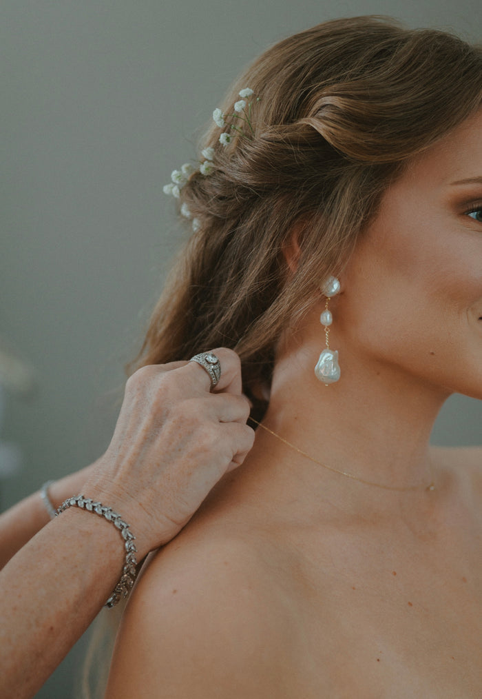Gold and freshwater pearl Opaline statement earrings by Beads by Tara