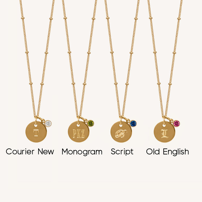 Dainty Ophelia birthstone necklace with an engravable circular tag