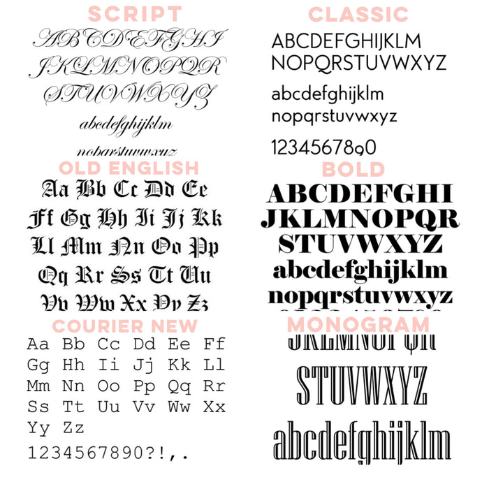 Engraving font guide showing the full alphabet and numbers in each style
