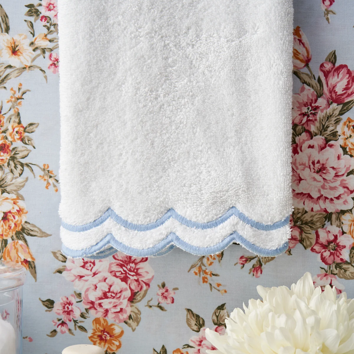 Pair of White Scalloped Edge Embroidered Cotton Face Towels - The Well Appointed House
