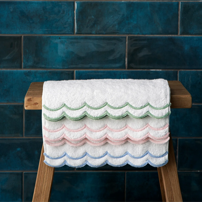 Pair of White Scalloped Edge Embroidered Cotton Face Towels - The Well Appointed House