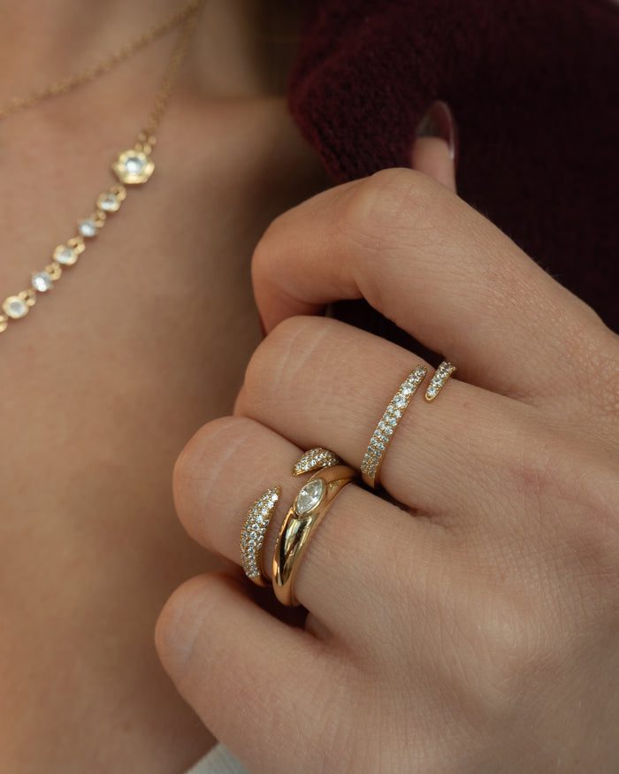 Model wearing the gold Pavé Claw ring, photographed for Beads by Tara