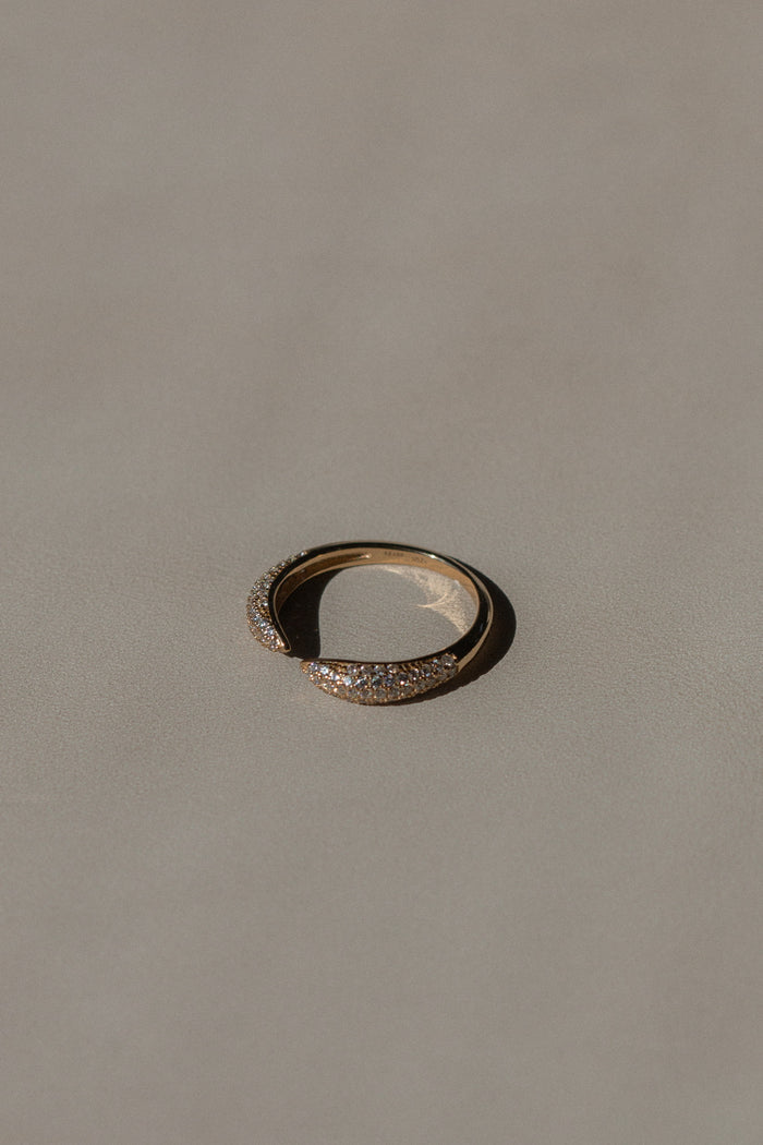 Detail shot of the gold Pavé Claw ring, a demi-fine design from Beads by Tara