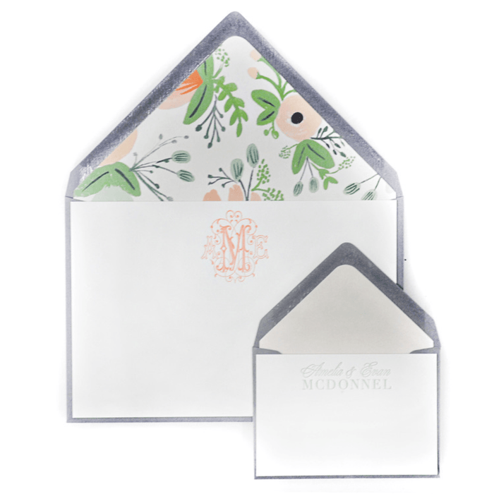 Peach and Green Floral Design 16 Personalized Letterpress Note & Enclosure Cards - Stationery - The Well Appointed House