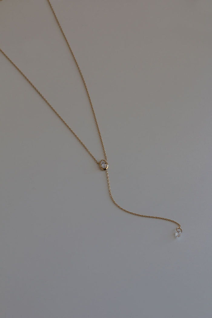 Gold Pear Lariat chain necklace designed for everyday layering