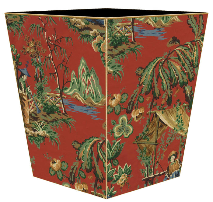 Red Chinoiserie Decoupage Wastebasket and Optional Tissue Box Cover - Wastbaskets Sets - The Well Appointed House