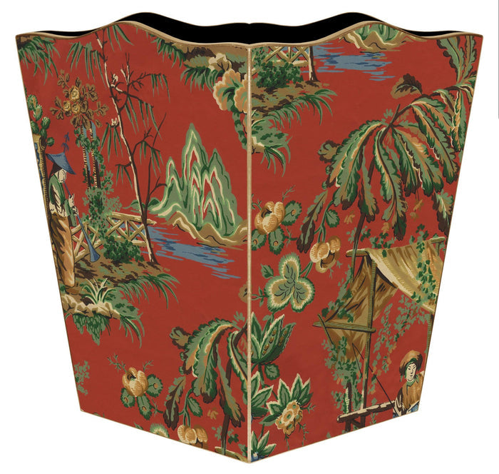 Red Chinoiserie Decoupage Wastebasket and Optional Tissue Box Cover - Wastbaskets Sets - The Well Appointed House
