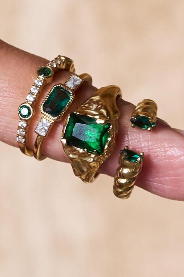 Roman ring by Beads by Tara in emerald, an open cuff design for a bold stack