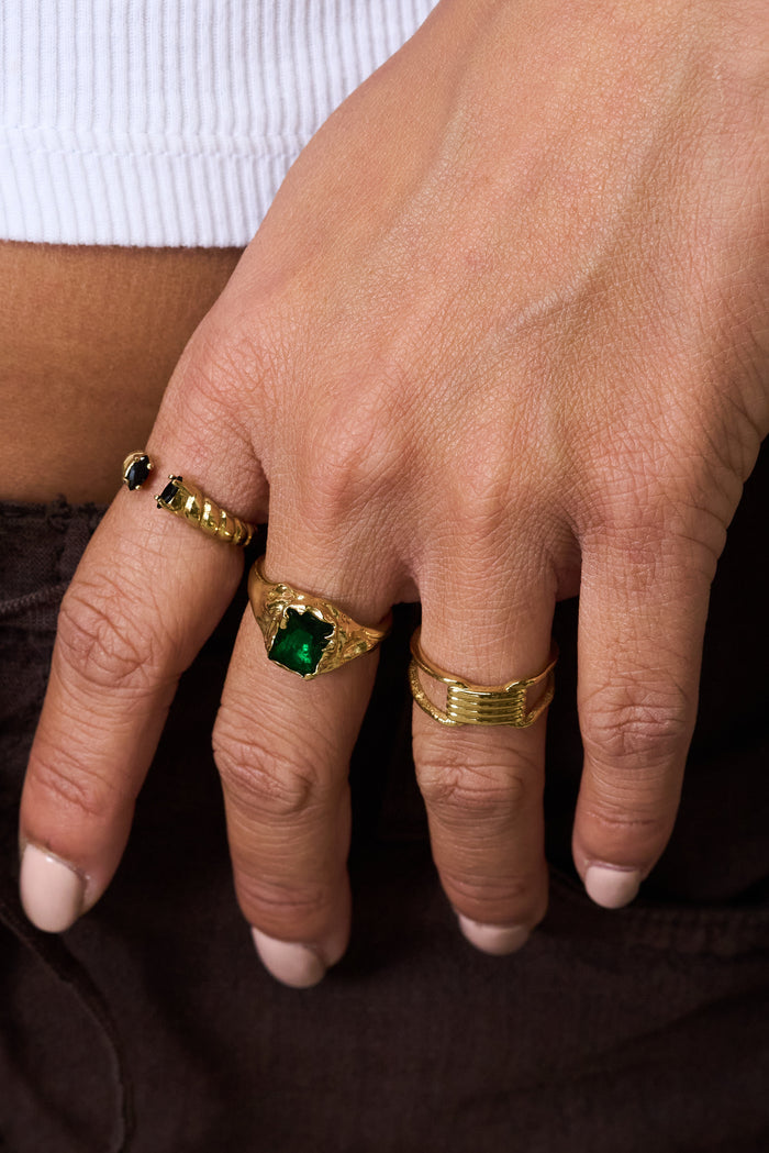 Black onyx detail on the Roman open cuff ring, also available in emerald