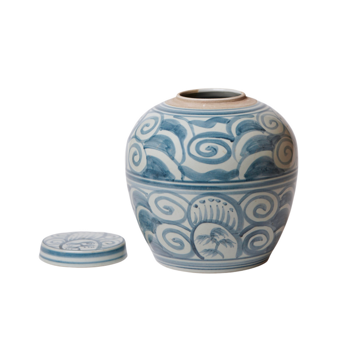 Rustic Curlicue Blue and White Porcelain Round Storage Jar - The Well Appointed House