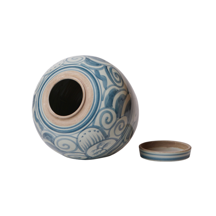 Rustic Curlicue Blue and White Porcelain Round Storage Jar - The Well Appointed House