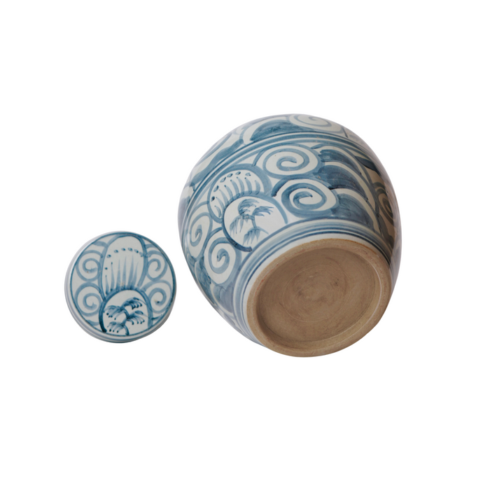 Rustic Curlicue Blue and White Porcelain Round Storage Jar - The Well Appointed House