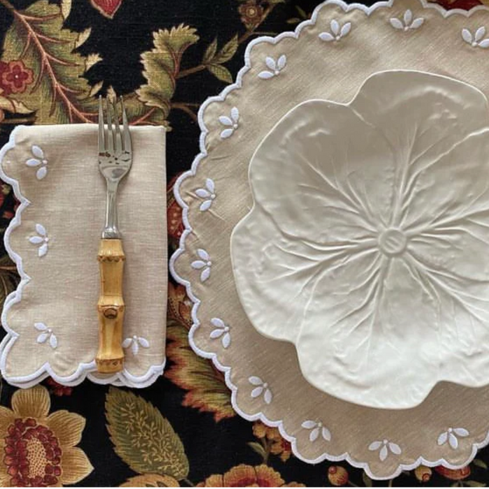 Scalloped Edge Embroidered Sand Linen Placemat - The Well Appointed House
