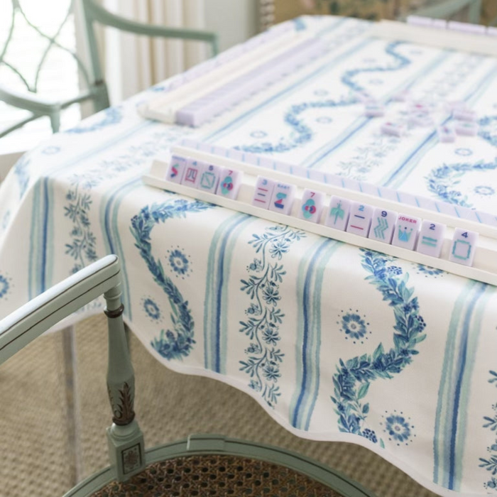 Scalloped Square Table Topper - Boxwood Garden, Delft Blue - The Well Appointed House
