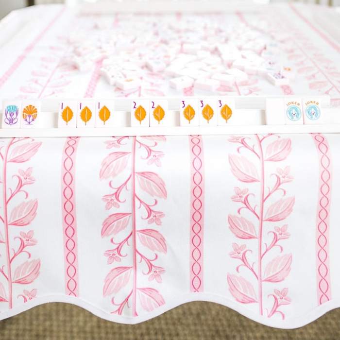 Scalloped Square Game Table Topper, Botanical Stripe - Pink - The Well Appointed House