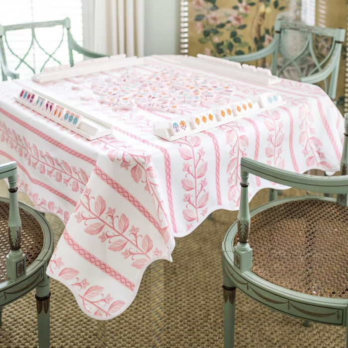 Scalloped Square Game Table Topper, Botanical Stripe - Pink - The Well Appointed House