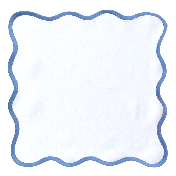Scalloped Square Table Linen, Lily White with Cornflower Blue Trim - The Well Appointed House
