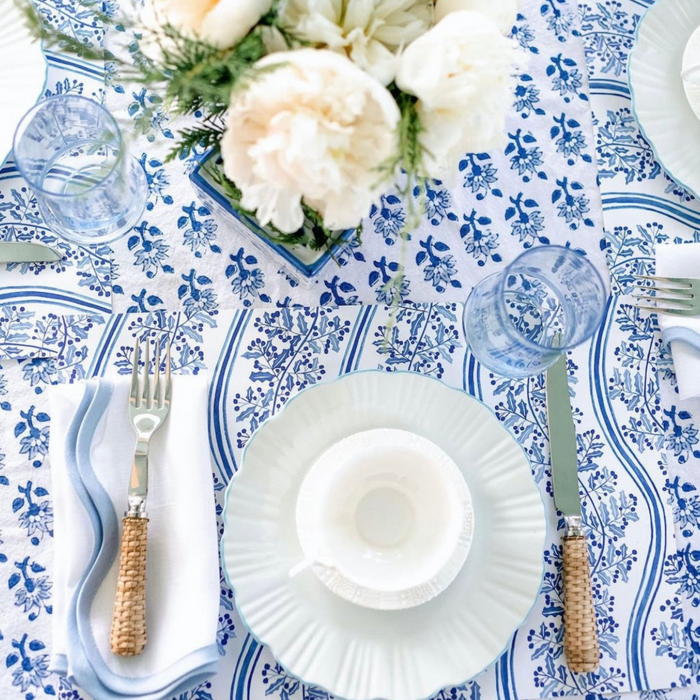 Scalloped Square Table Linen, Lily White with Cornflower Blue Trim - The Well Appointed House