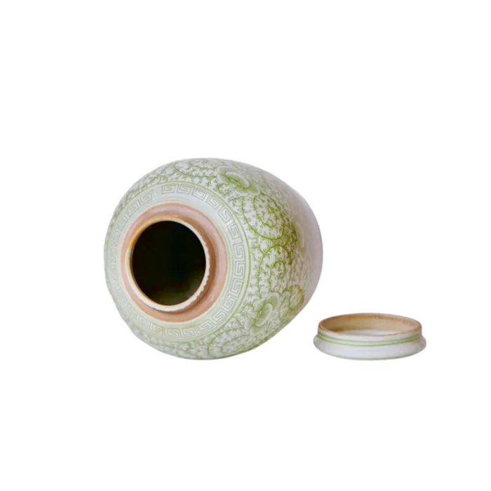 Scrolling Peony Green and White Porcelain Lidded Jar - The Well Appointed House