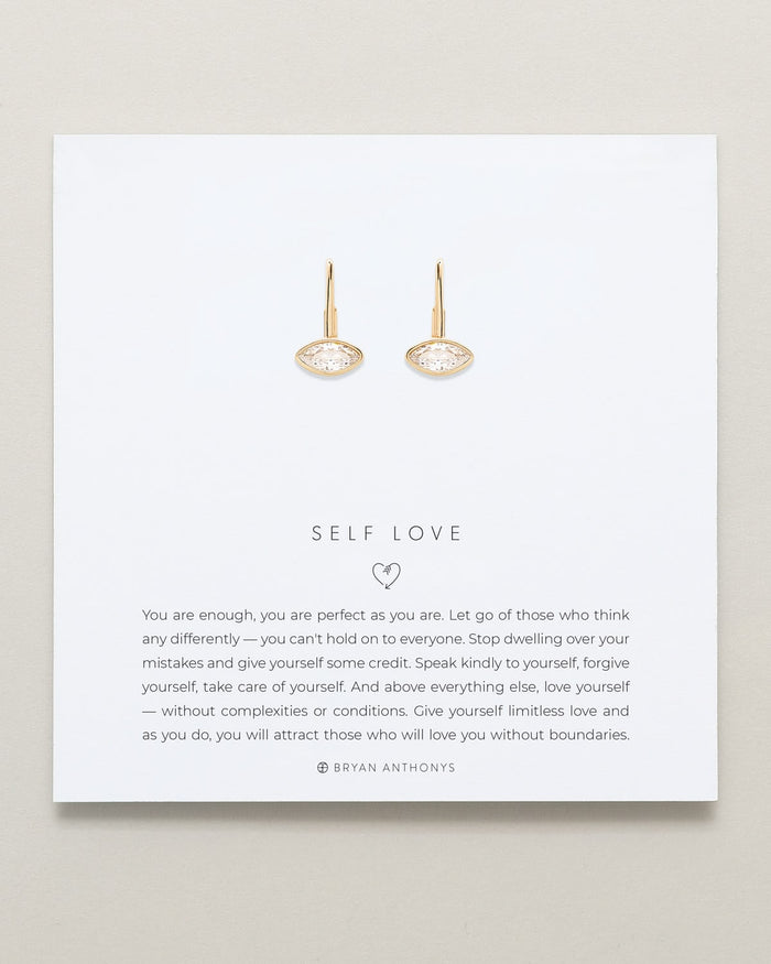 Bryan Anthonys Self Love Marquise Drop Earrings on Meaning Card in Gold