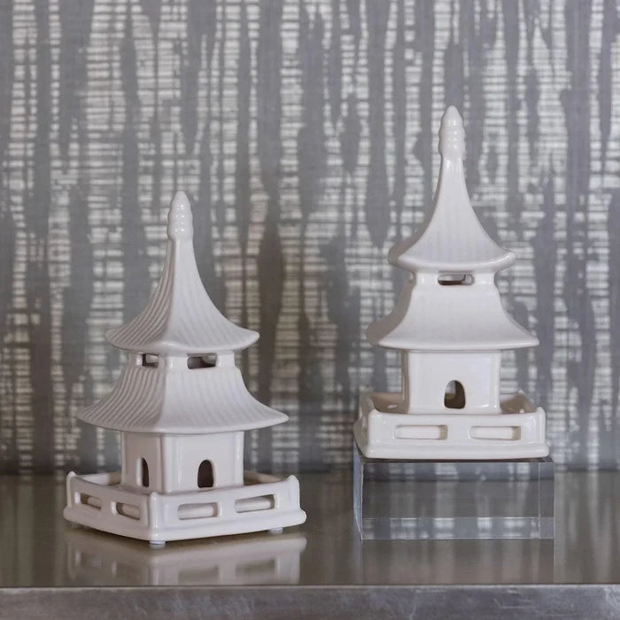 Set of 2 Short Matte White Glaze Porcelain Pagodas - Decorative Objects - The Well Appointed House