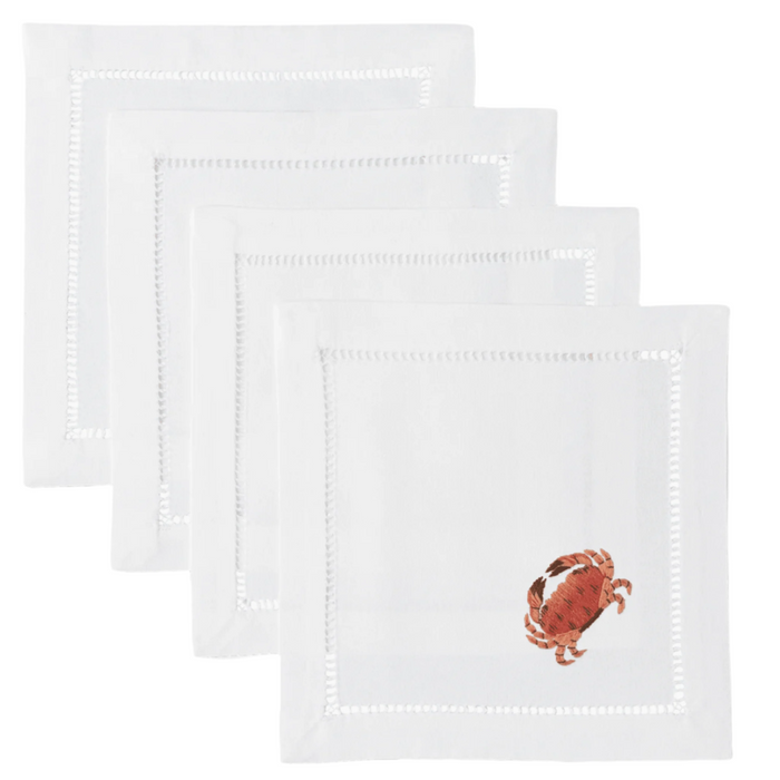 Set of 4 Crab Design Embroidered Cocktail Napkins - Cocktail Napkins - The Well Appointed House