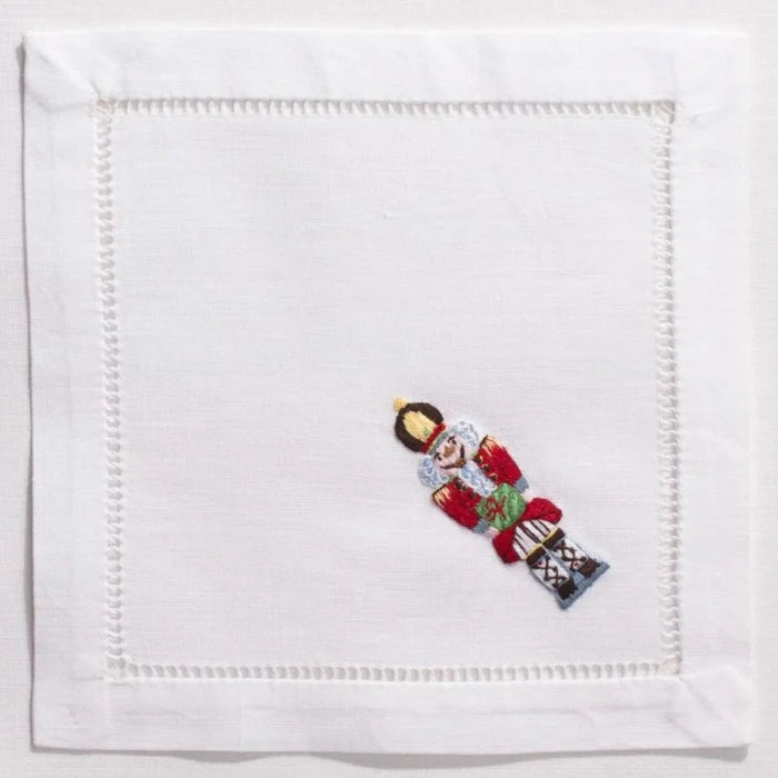 Set of 4 White Cotton Christmas Nutcracker Cocktail Napkins - Christmas Cocktail Napkins - The Well Appointed House