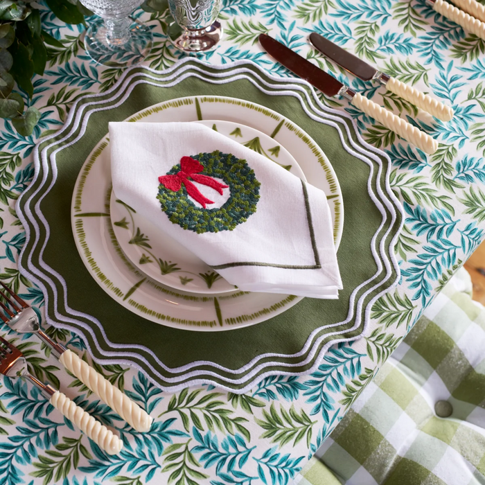 Set of 4 Wreath Green & White Embroidered Placemats - The Well Appointed House