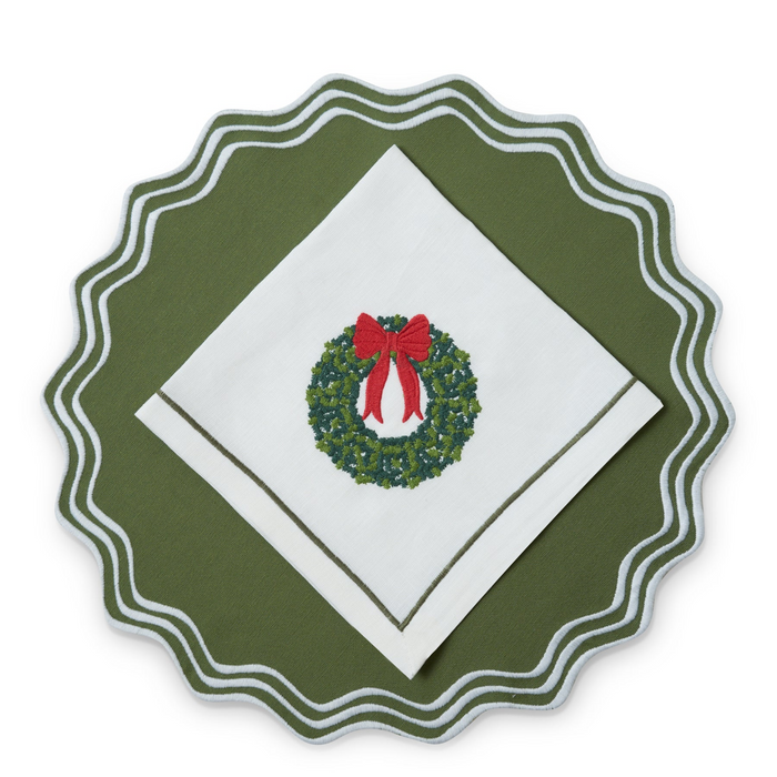 Set of 4 Wreath Green & White Embroidered Placemats - The Well Appointed House