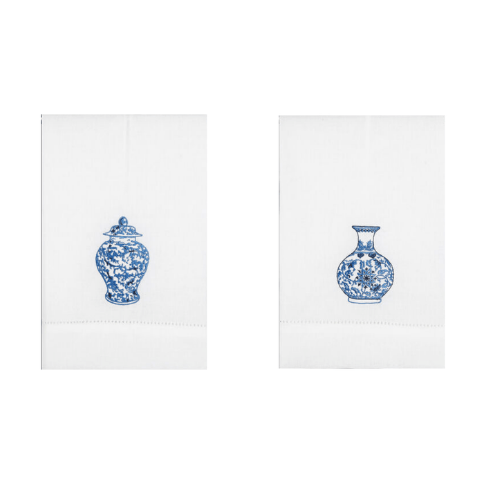 Set of 8 Chinoiserie Vase Embroidered Hand Towels - Hand Towels - The Well Appointed House