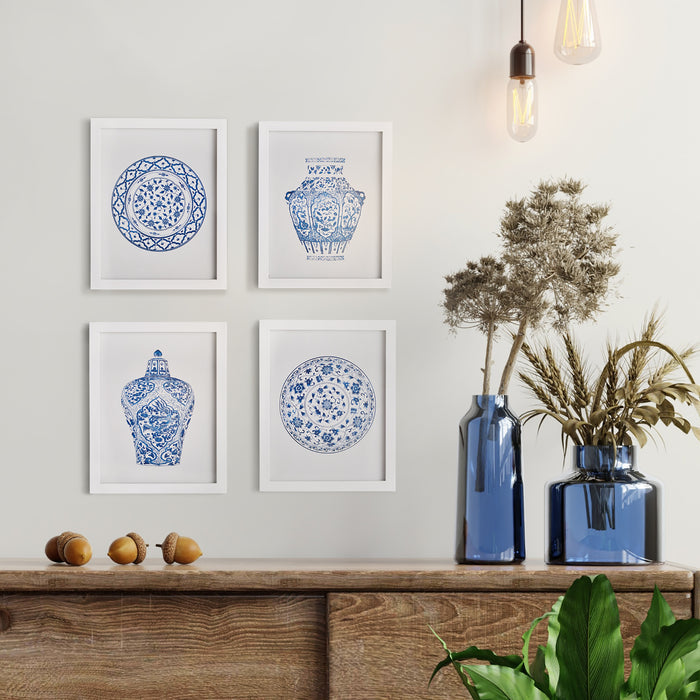 Set of Four Blue and White Dynasty Petite Prints in Gray Frames - The Well Appointed House