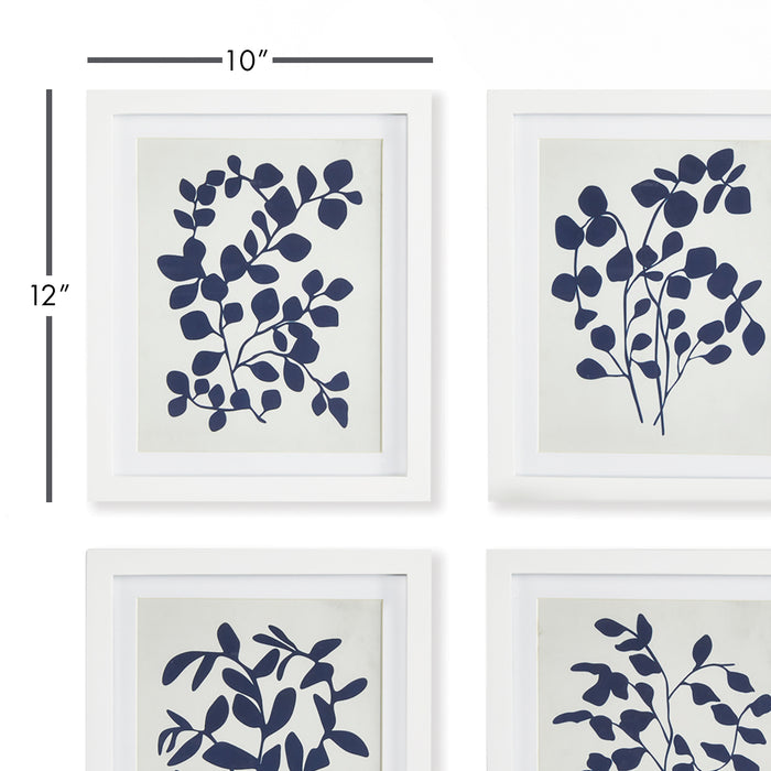 Set of Four Framed Navy and White Leafy Vine Prints