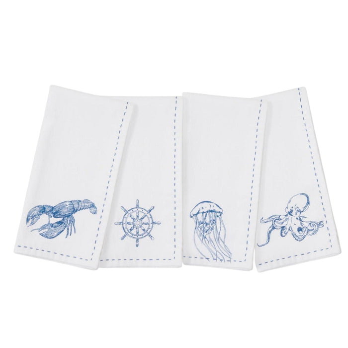 Set of Four White Cotton Napkins Sea Life Napkins - Dinner Napkins - The Well Appointed House