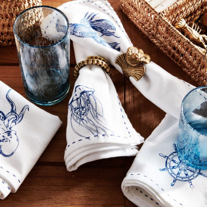 Set of Four White Cotton Napkins Sea Life Napkins - Dinner Napkins - The Well Appointed House